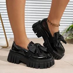 College Style Black Japan School Uniform Shoes Women Big Bowtie Chunky Platform Pumps Woman Thick Bottom Patent Leather Loafers