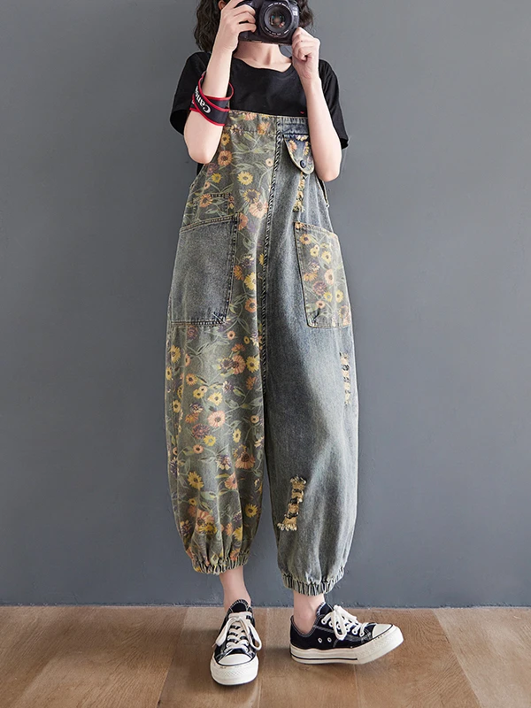 Summer New Women's Denim Overalls High Waist Print Anti-Aging plus Size Conceal Meat Wide Leg Jumpsuits Regular Thin
