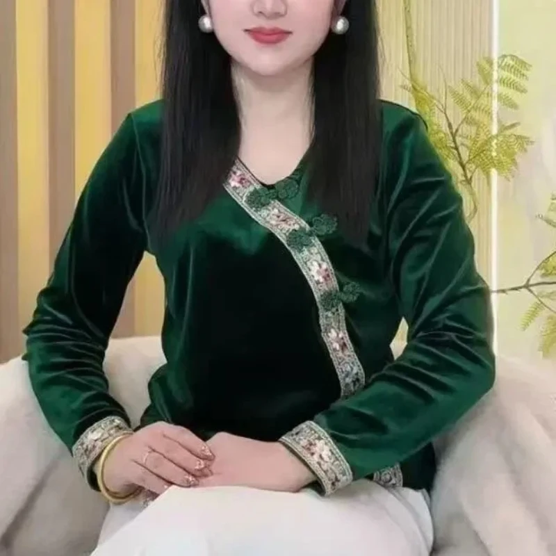 

Элегантная женская блузка в китайском стиле с цветочной вышивкой, V-образным вырезом, длинными рукавами, стандартного кроя, для весны и осени