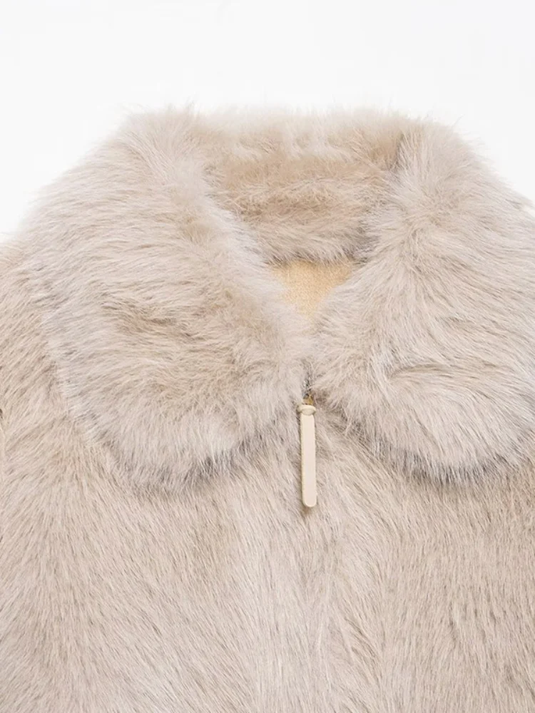 Write Tweed Thickened Lapel Outwear Faux Fur Long Sleeve Solid Color Zipper Coat Lady Elegant Winter Warm Casual Cozy Top