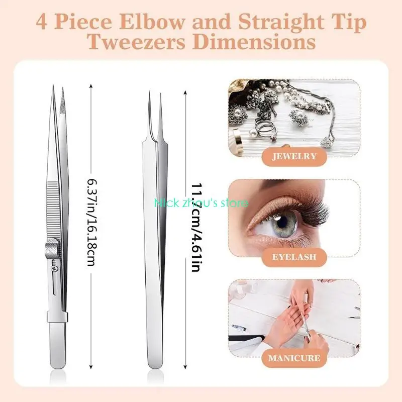 Juego pinzas precisión E15E, 4 Uds., pinzas universitarias, pinzas para manualidades, pinzas curvas, pinzas puntiagudas,