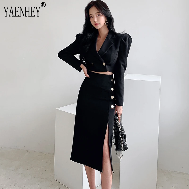 Sexy 2 Piece Outfit Short Set Women Korean Fashion Elegant Ladies Clothes Cropped Suit Blazer Coat High Waist Slit Skirt Autumn