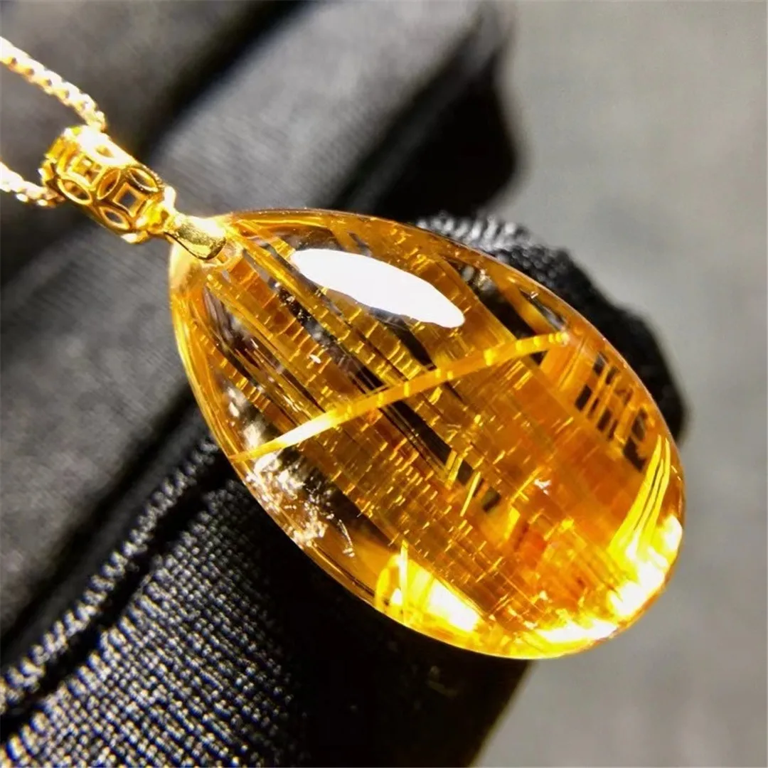 

Natural Gold Rutilated Quartz Pendant Necklace Jewelry For Woman Man Luck Gift Reiki Gemstone Crystal 21x12x9mm Beads AAAAA