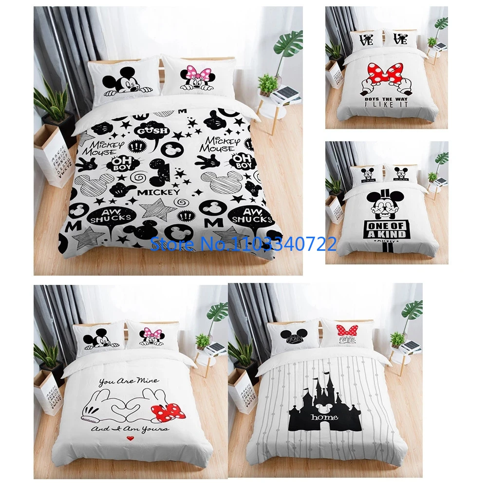 Anime Black White Love Bedding Set Minnie Mickey Mouse Pillowcase Children Duvet Cover Couple Wedding Quilt Set Kids Adult