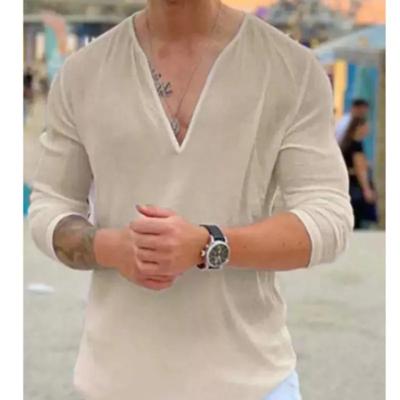 

Spring/Summer Men's Casual Shirt Trend Fashion V-Neck Loose Street Style Solid Color Cotton Long-Sleeved Pullover European Size