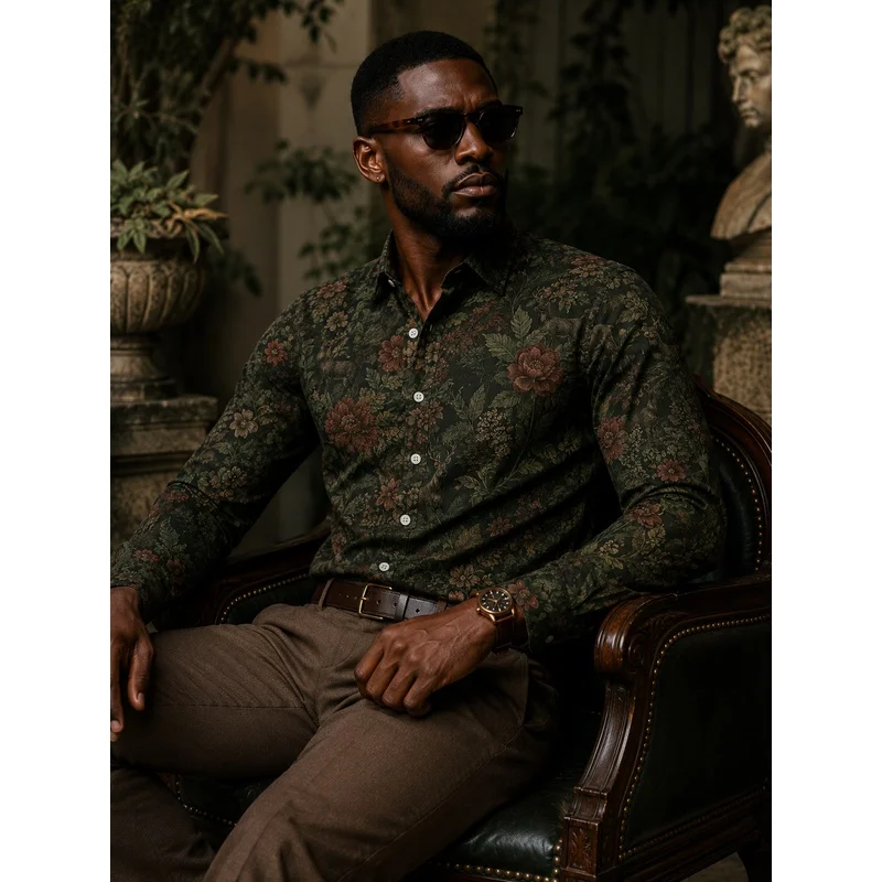 2026 New European And American Vintage Style Long-Sleeve Men'S Shirt With Floral Print, Trendy And Versatile Casual Menswear