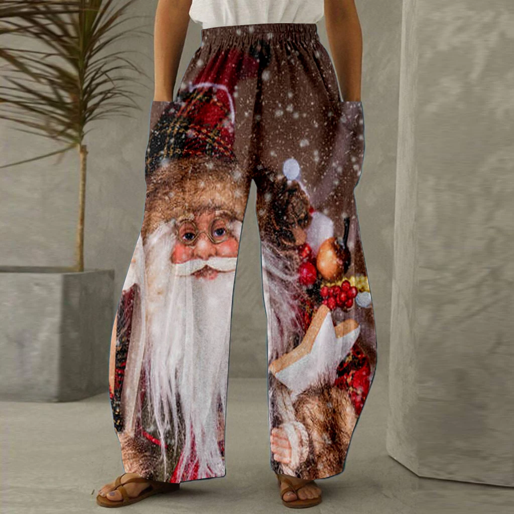 Cross border Santa Claus Pattern Digital Series New Wide Leg Pants Women's Pants Summer Loose Casual Fashion PantsWC5