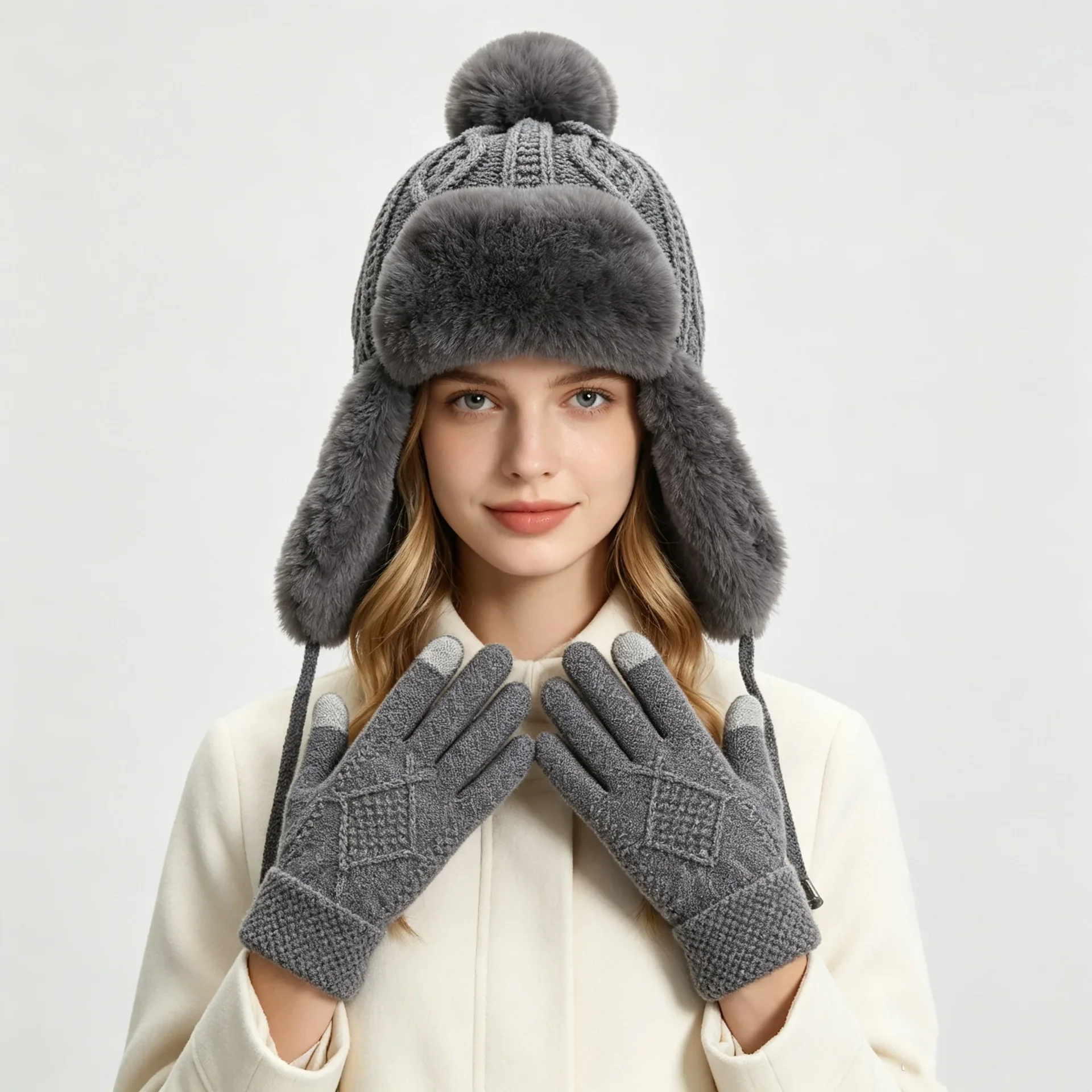 Women Plush Thickened Ear Flap Hat and Gloves 2 Piece Set Winter Warm Cycling Wind Snow Hat