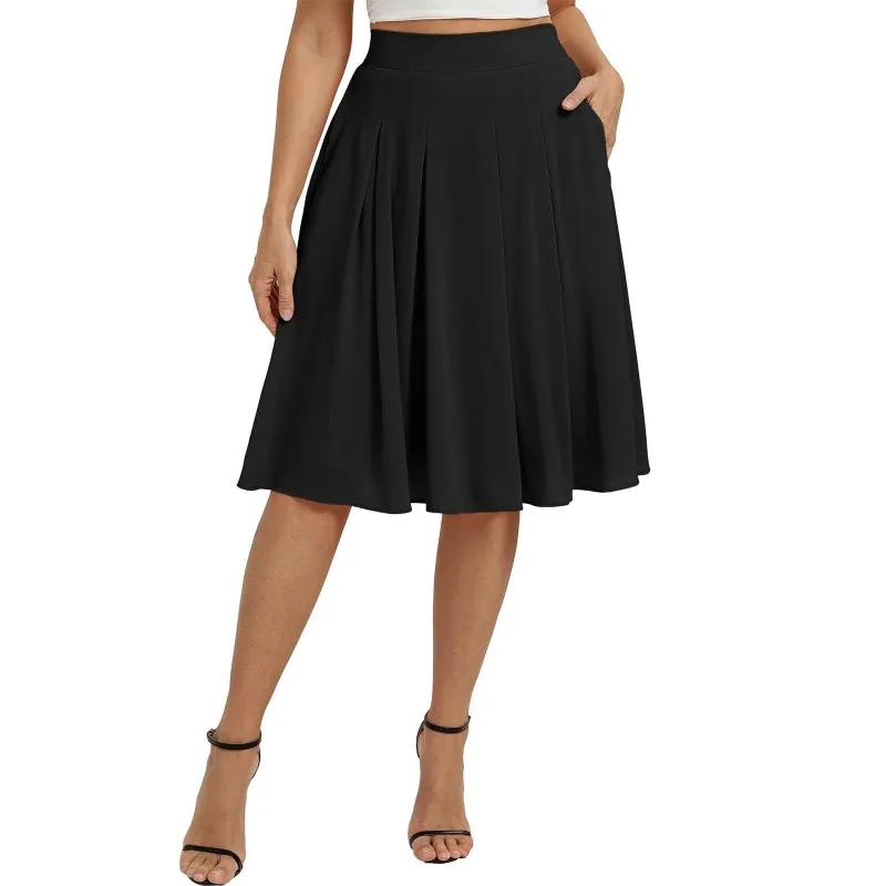 2026 Spring/Summer New Women's A-skirt High Waist Elastic Cross Border Solid Color Pocket European American Commuter Thin Skirt