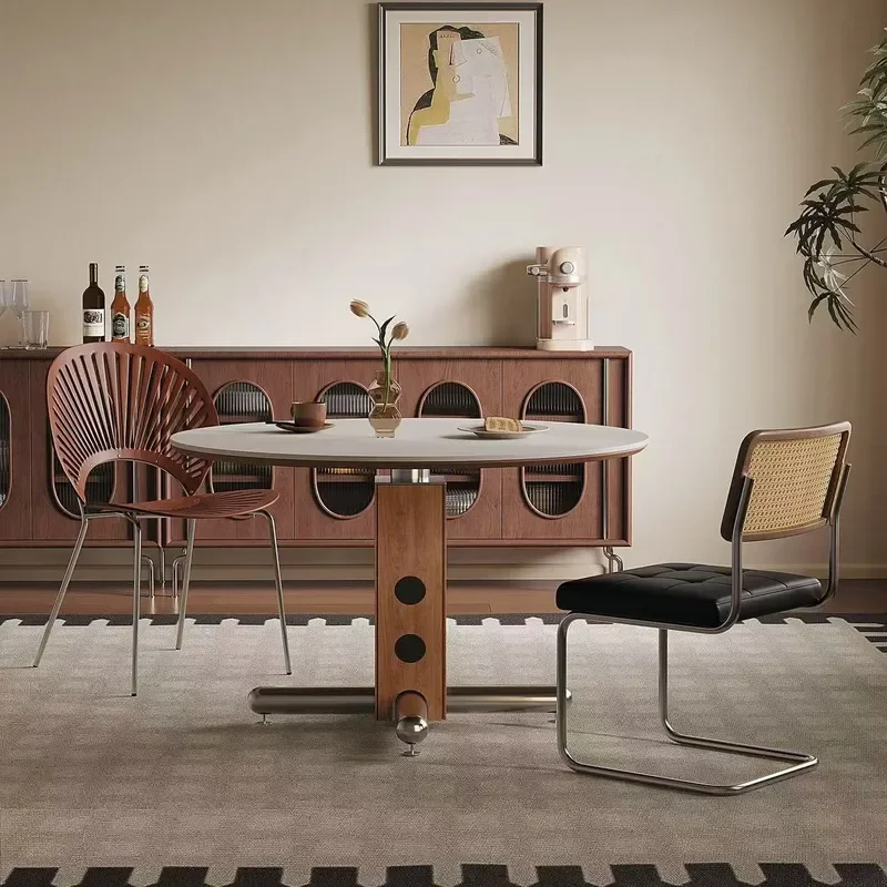 Round Dining Table Solid Wood Sintered Stone Top Stainless Steel Legs Retro Bauhaus Style for Small Apartment