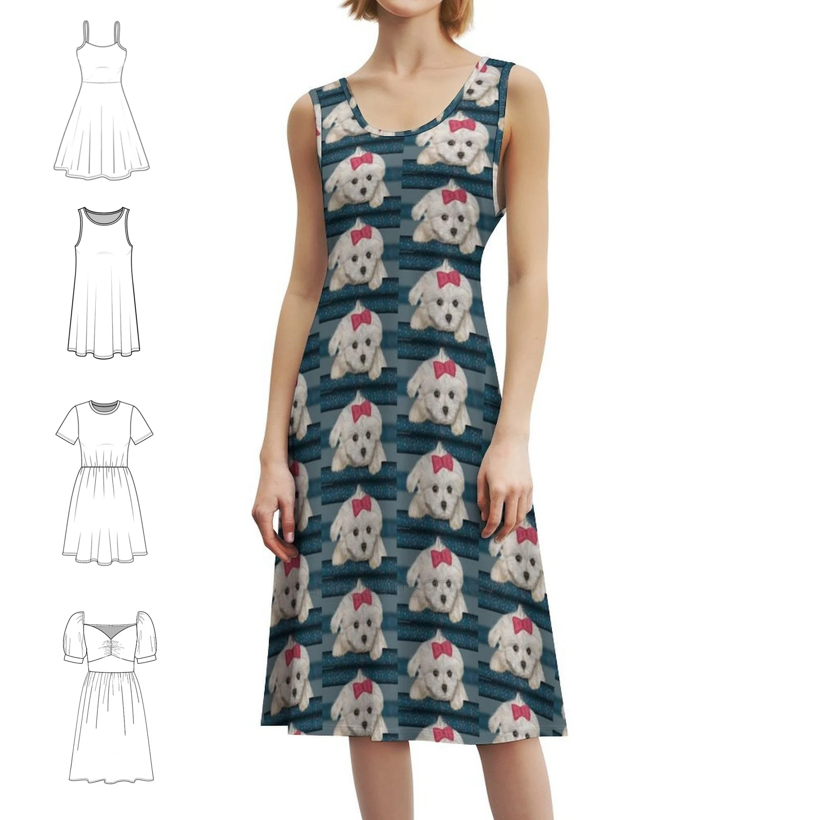 كلب مالطي لطيف مع فرو كريمي وشريط أحمر فستان بوهيمي عتيق بأكمام منتفخة أو خيارات بدون أكمام للنساء فستان مالطي #1