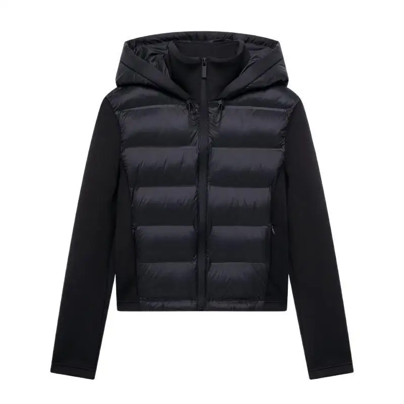 Chaqueta acolchada negra para mujer, chaqueta informal versátil con cuello con capucha y cremallera frontal de retales, abrigo para mujer, ropa de abrigo superior cálida