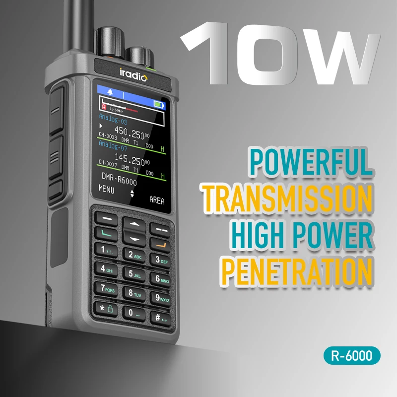 iRadio R6000 DMR Digital Walkie Talkie 10W Dual Band VHF UHF Dual Time Slot DMR with AES256 Encryption Type-C Fast Charging Long