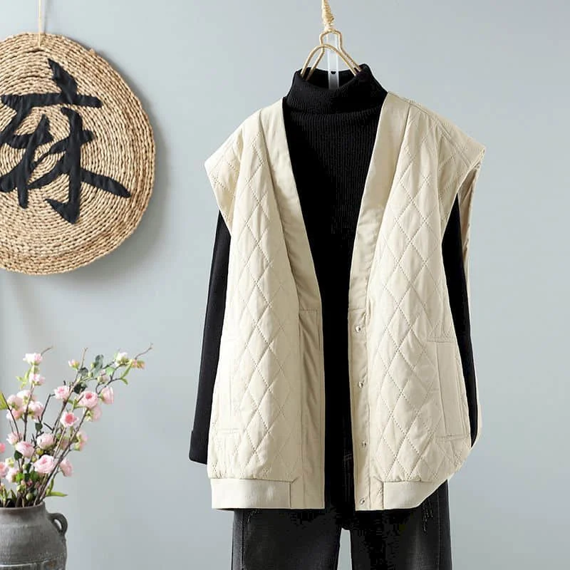 

Waistcoats Women Lightweight Cotton Added Vests V-neck Casual Sleeveless Cardigans Vintage Korean Style Jackets Loose Women Tops