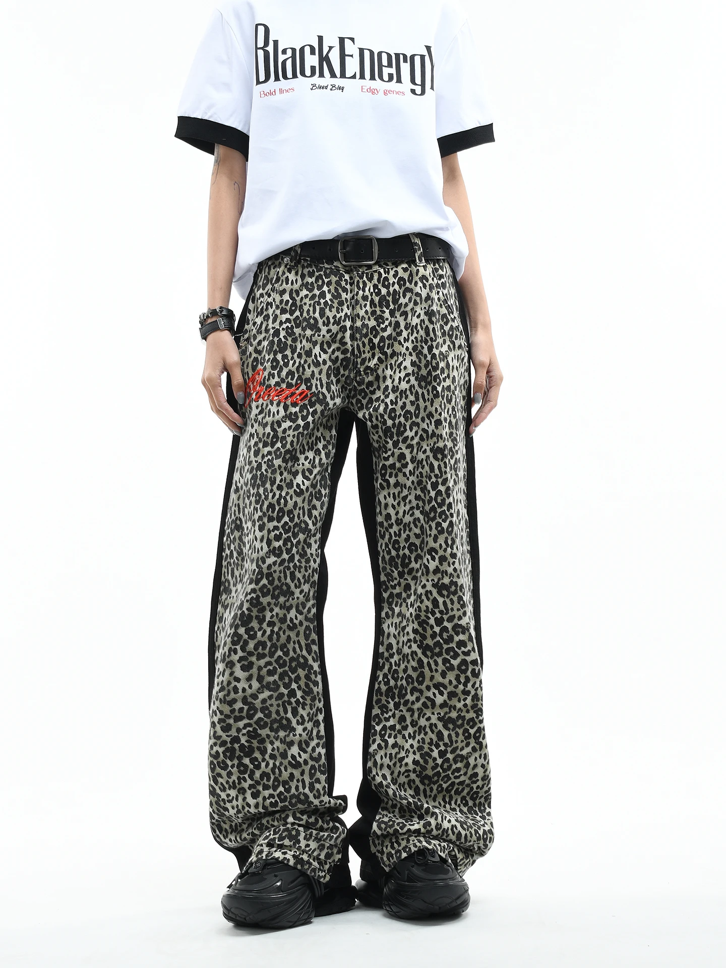 

OV Original American Subculture Leopard Print Double Washed Jeans Loose Straight Leg Slimming Micro Flared Long Trousers Unisex