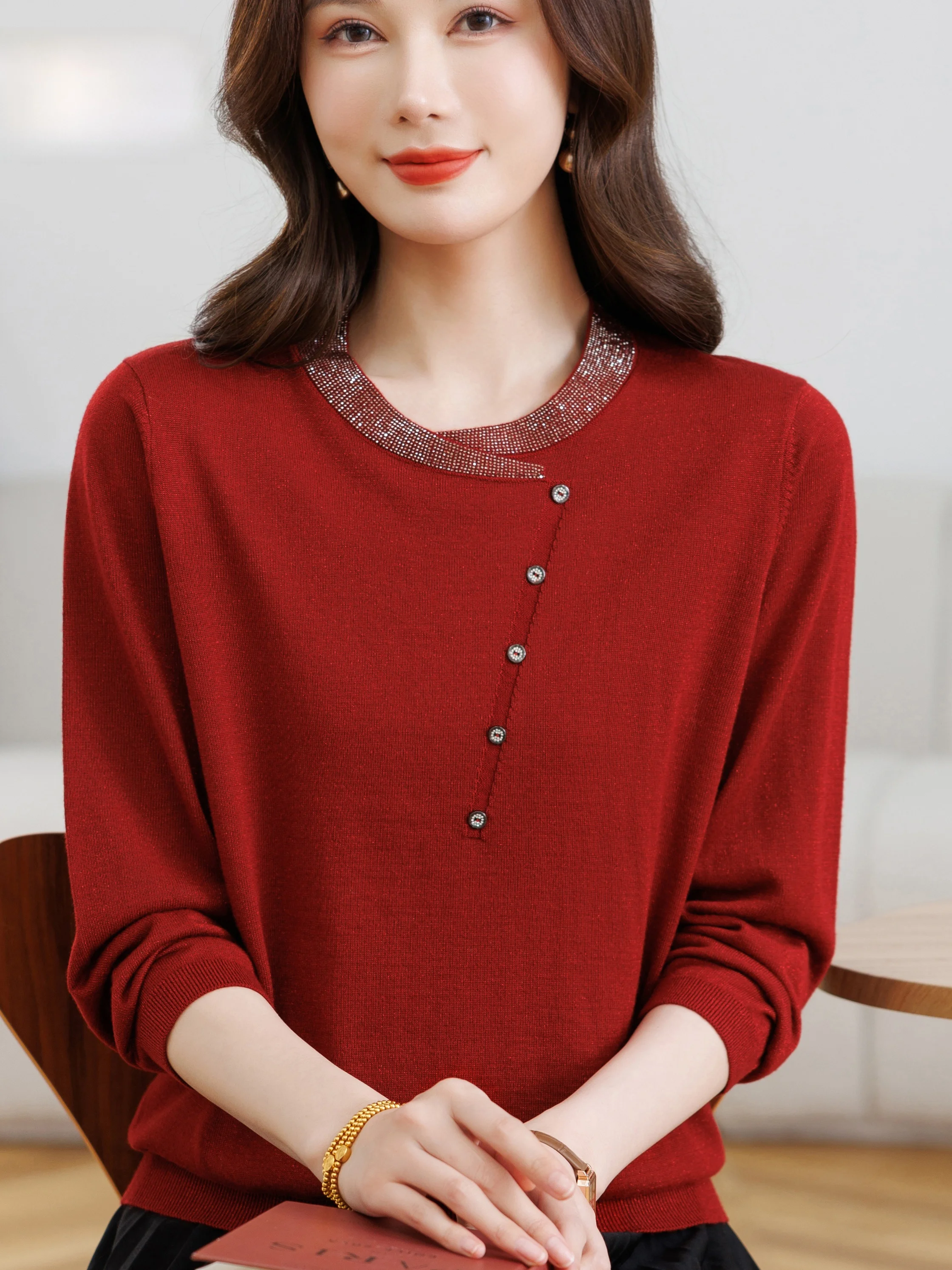 

Spring New Arrival High-End Women's round Ne Thin Knitted Wool Sweater Comfortable Breathable Warm Base irt for Middle-Ag...