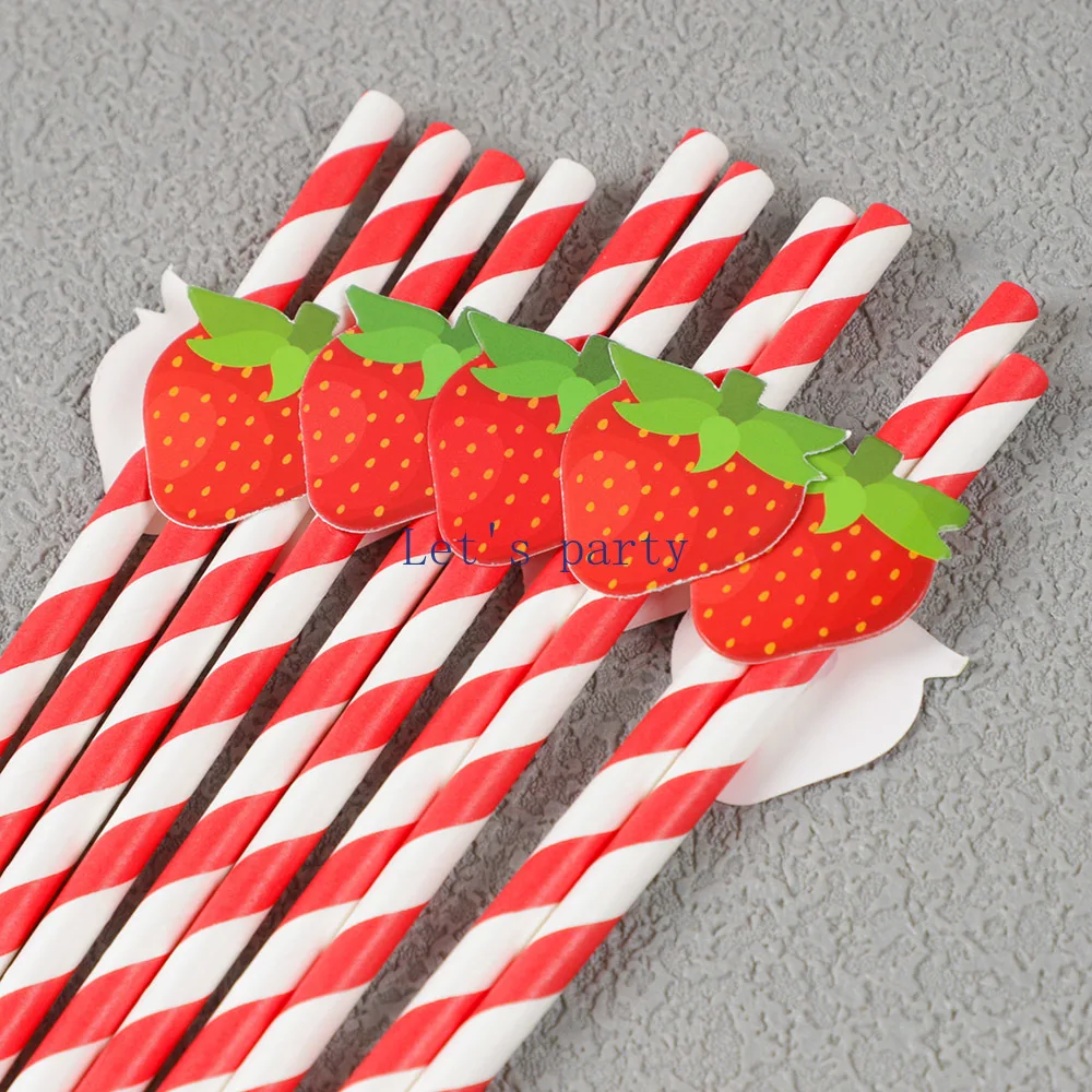 30Pcs Sweet Fruit Strawberry Theme Disposable Paper Straws Bar Drinking Straw for Kids Birthday Baby Shower Party Decoration