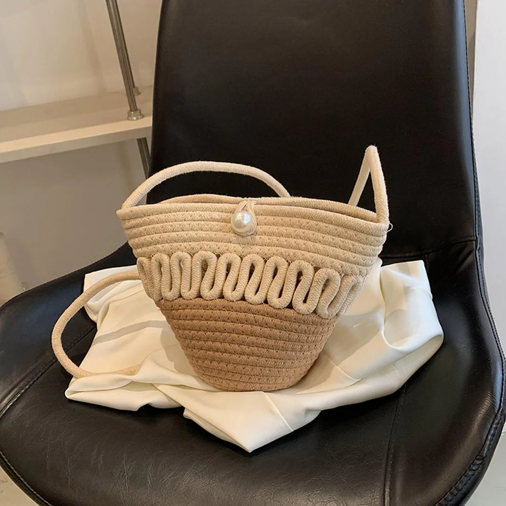 Cotton Rope Bucket Shoulder Bag For Women Handamade Woven Handbag Summer Beach Bag Drawstring Crossbody Bag Purse Cute Tote Bag