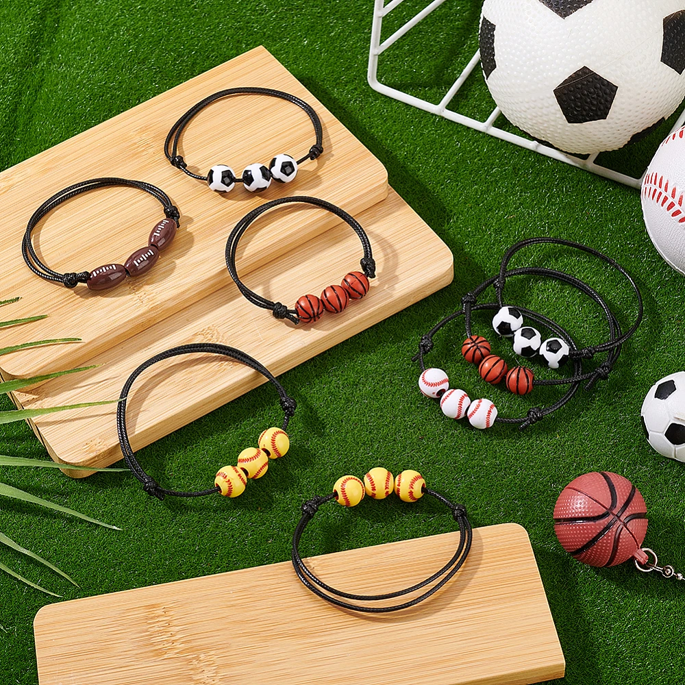 20pcs Sports Party Favors Charm Bracelets 5 Styles Sport Beads Ball Adjustable weave Rope Basketball Tennis Rugby Wristbands view 4