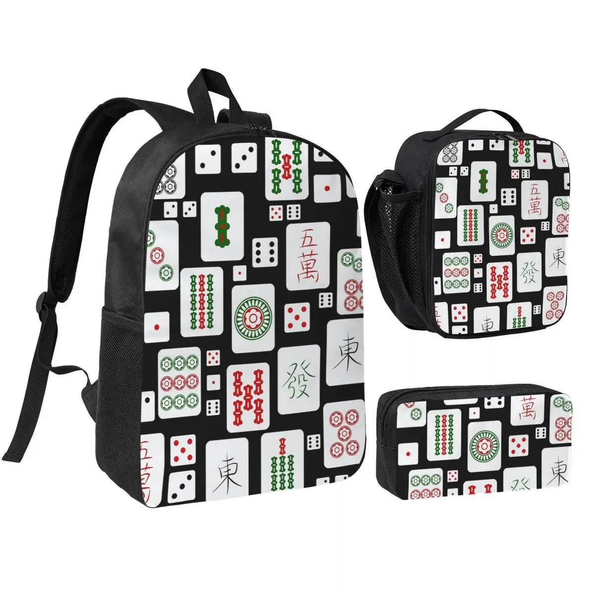 Mahjong Tiles Game Dice Backpack Boys Girls BookBag School Bag Shoulder Bags 3ps Insulated Lunch Bag Pencil Case