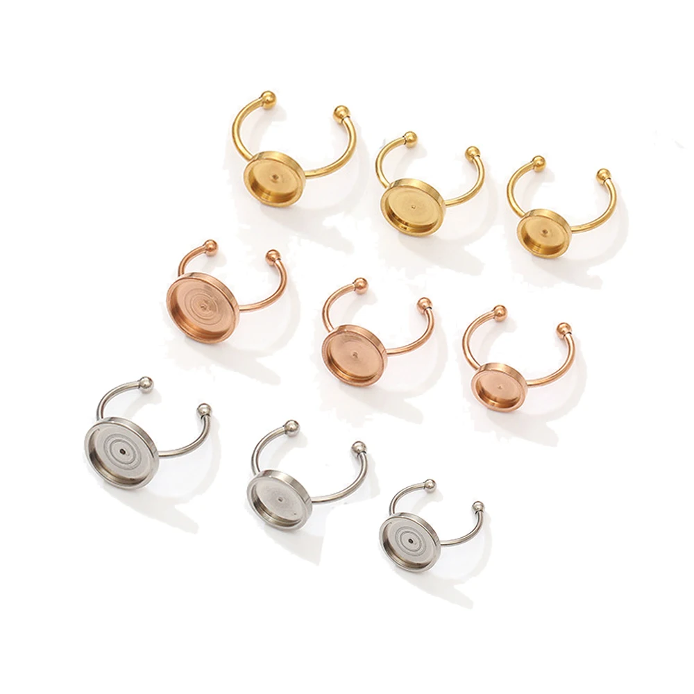 

5pcs Stainless Steel Round Cabochon Ring Blank Base Settings Bezel Tray for DIY Adjustable Ring Jewelry Making Supplies Material