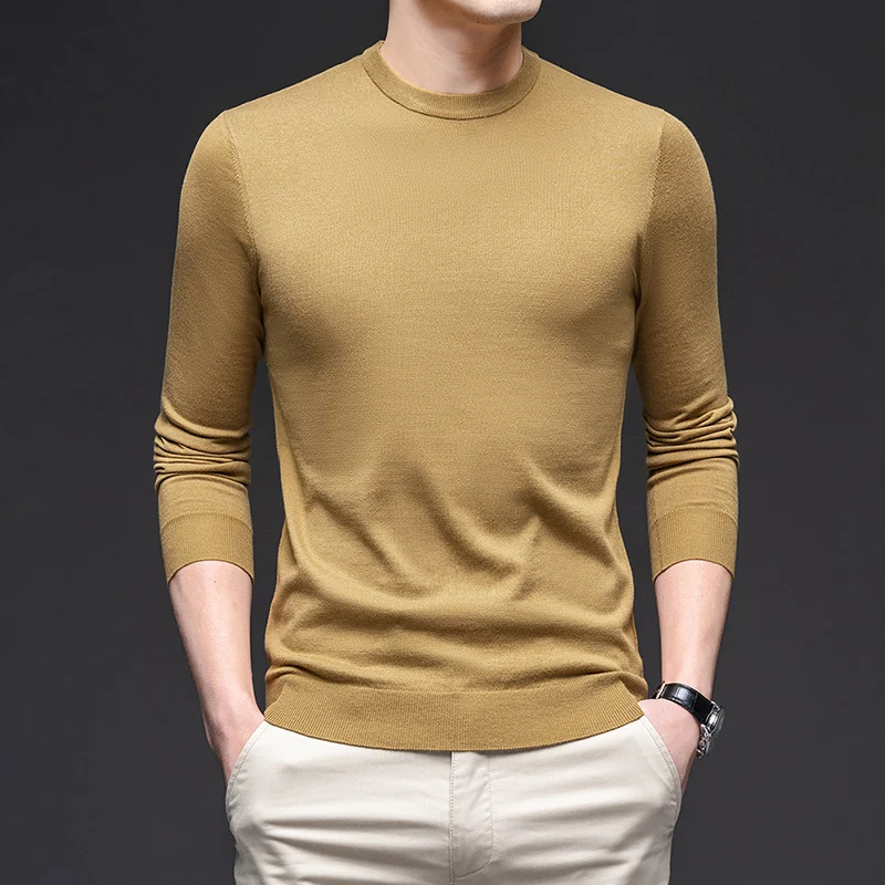 High Quality Sheep Wool Tee Tops 2024 Spring Men's Casual Thin Knit Shirts Long Sleeve Male v-Neck Silk Wool Sweater Clothes