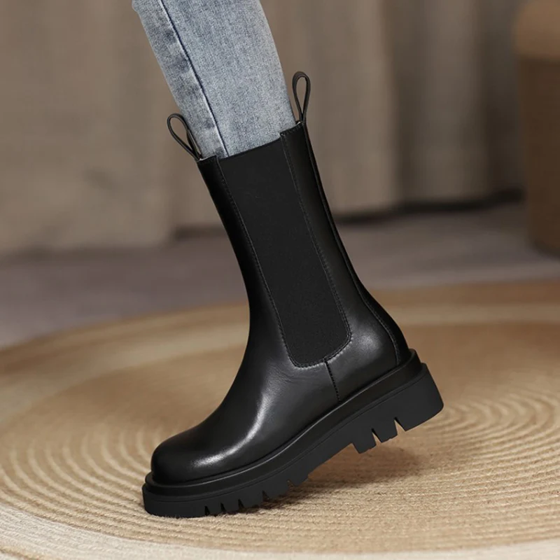 Women Chelsea Boots Spring New Black Mid Ankle Flat Platform Lady Shoes Female All Match Classic Concise Fashion Round Toe Shoes