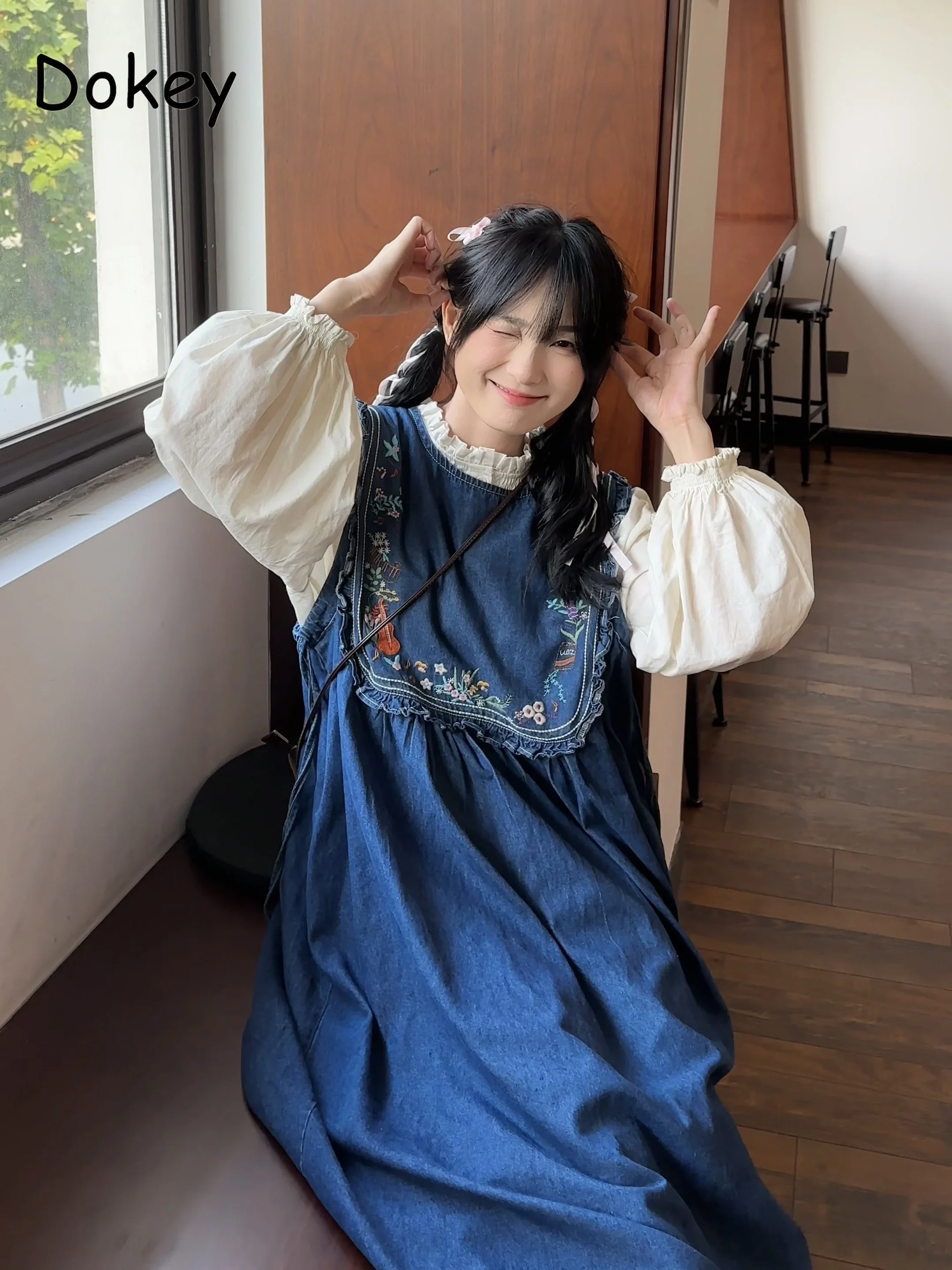 Abito Vintage con bretelle in Denim ricamato donna giapponese Mori Girl Ruffle Jeans senza maniche abito tuta dritta allentata