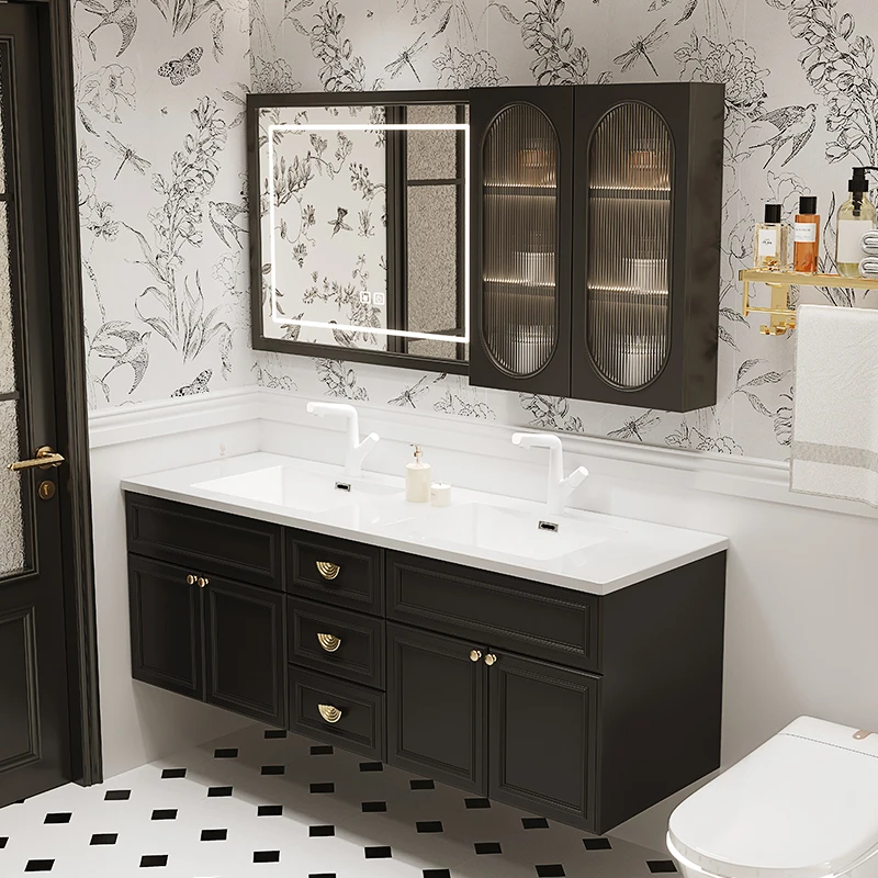 Mirrored Cabinet,Hotel Antique Modern Classic Double Sink Floating Bathroom Vanities Wall Mounted Solid Wood Bathroom Cabinet Fo