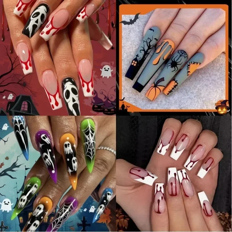 A Pair of Halloween Fake Nails, Extra Long Almond Fake Nails with Spider Web Design, Complete Set of Nail Tips