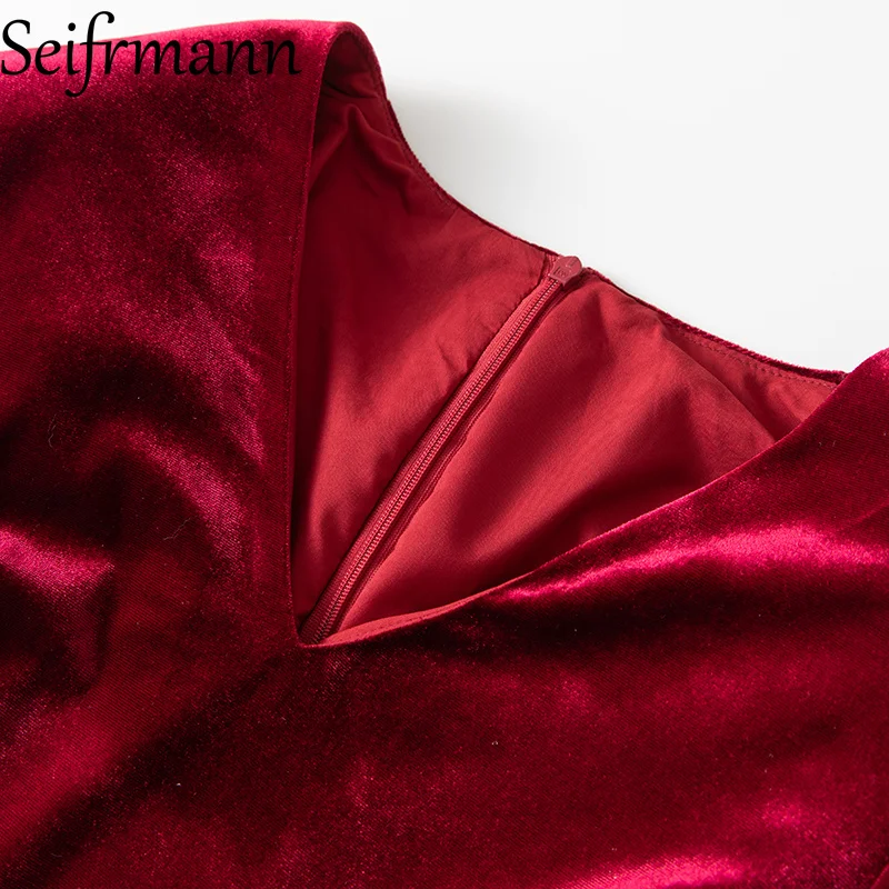 Seifrmann 2026 primavera nova luz feminina luxo elegante com decote em v manga longa cintura com borda de folha de lótus vestido de cor sólida