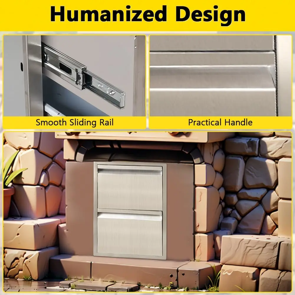 درج مطبخ خارجي، أبواب وصول مثبتة على السطح من الفولاذ المقاوم للصدأ، أدراج شواء بطبقة مزدوجة 13 وات × 20.5 ارتفاع × 21 عمقًا للشواء #4