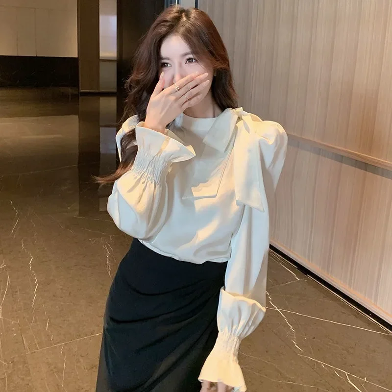 

Ribbon Chiffon Women's Shirt and Blouse Youthful Woman Clothes Fine Elegant Korea Stylish Cool Clothing Sales Chic Female Tops