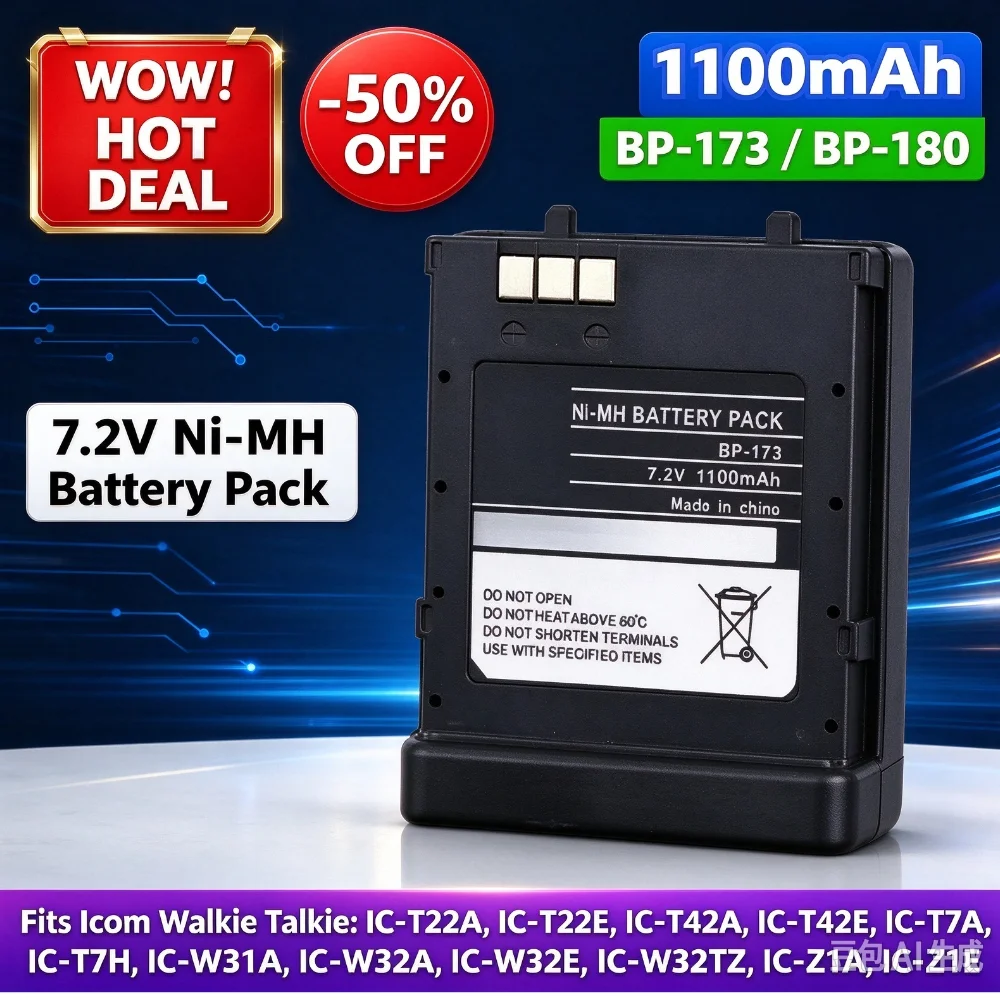 BP-173 BP-180 7.2V 1100mAh Ni-MH Walkie Talkie Replacement Battery, For Icom IC-T22 IC-T42 IC-W31 IC-W32 IC-T22A IC-T22E IC-T42A