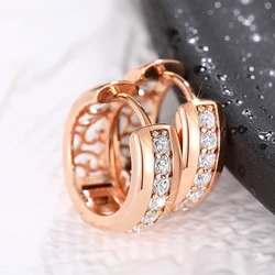 Huitan New Rose Gold Color Hoop Earrings with One Line CZ Temperament Women's Circle Earrings Hollow Pattern Statement Jewelry