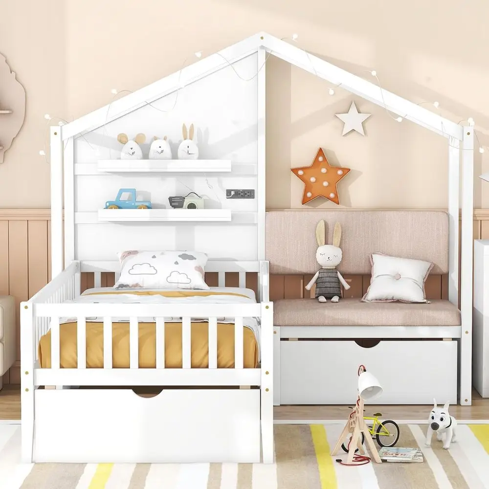 

Upholstered Twin House Bed with Sofa, 2 Drawers, Charging Station, LED Light, Shelves - Suitable for Kids, Boys, Girls, White