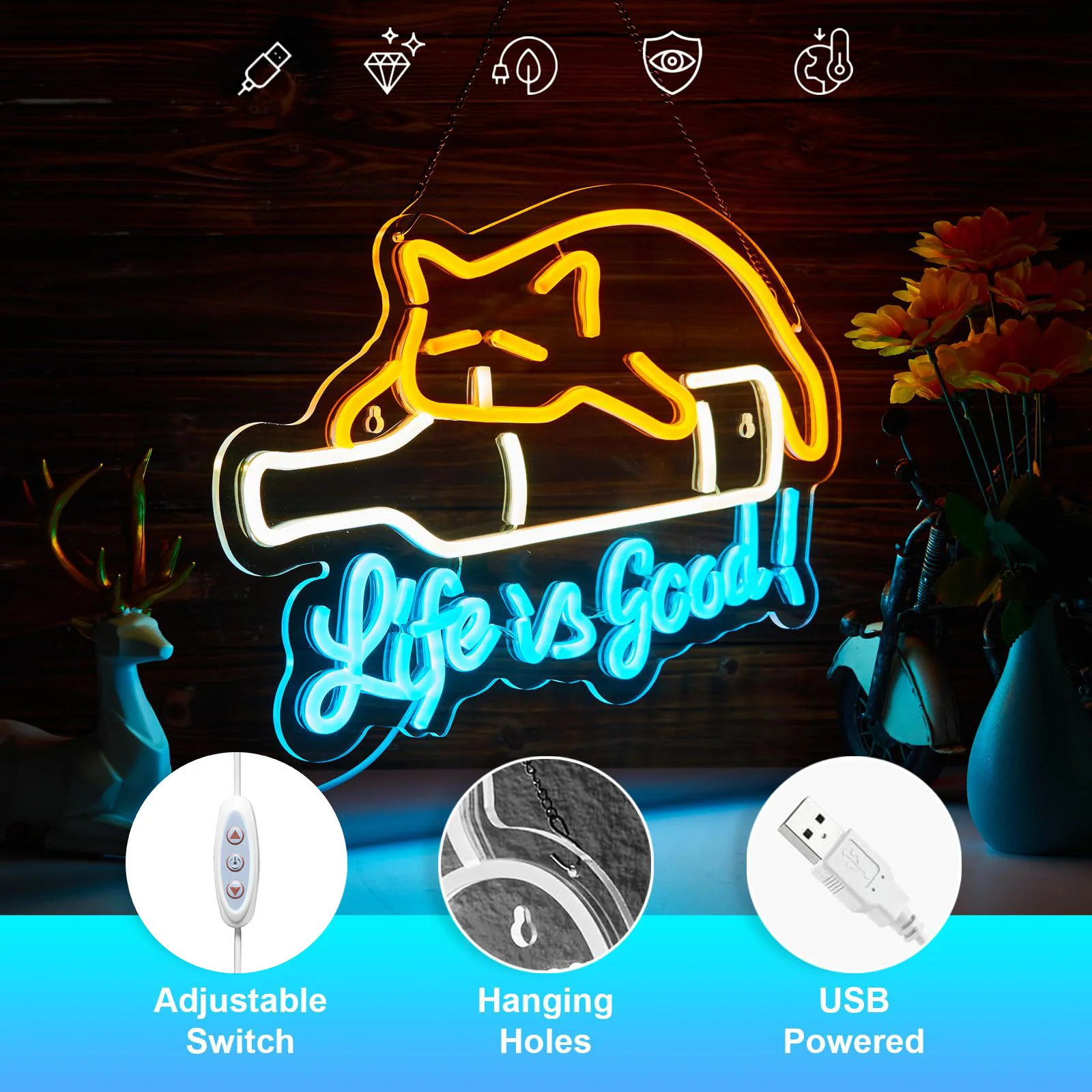 Life is Good LED Neon Light - USB Powered, With Dimmer, Adjustable Brightness, for Bedrooms, Living Rooms, Inspirational Decor