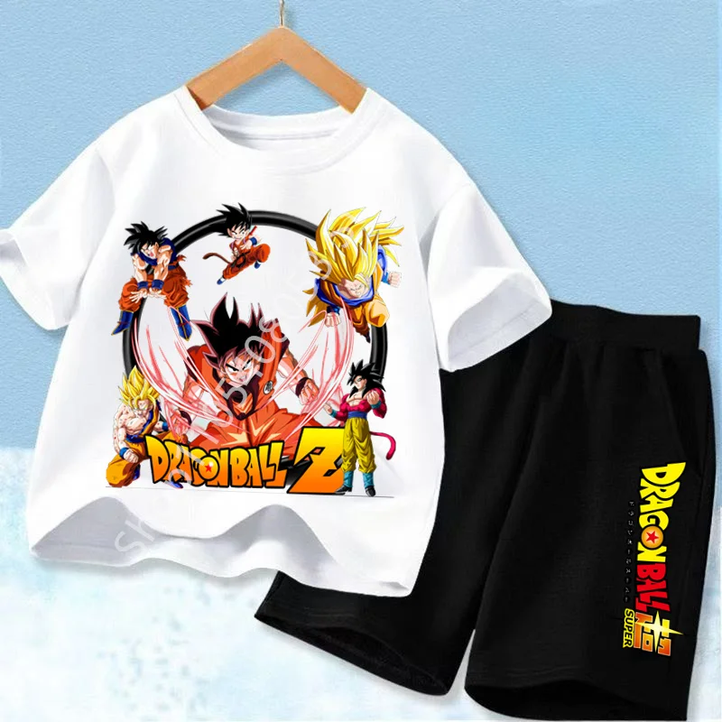 Dragon Ball Son Goku Anime T-shirt Set Kids Short Sleeve Pocket Shorts Ventilate 2-piece Set Boys Girls Cartoon Clothing