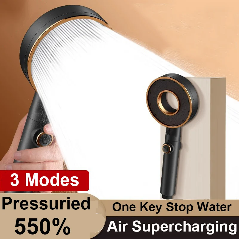 

New Black Silver High Pressure Shower Head With Stop Button 3 Modes Adjustable Water Saving Spray Nozzle Bathroom Accessories