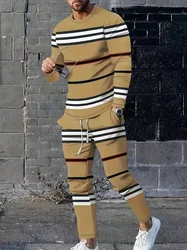 Spring And Fall Men's Long Sleeve Pant 2pcs Sets Red And Blue Striped 3D Print Man Set Everyday Fashion Men Long Sleeved T-shirt