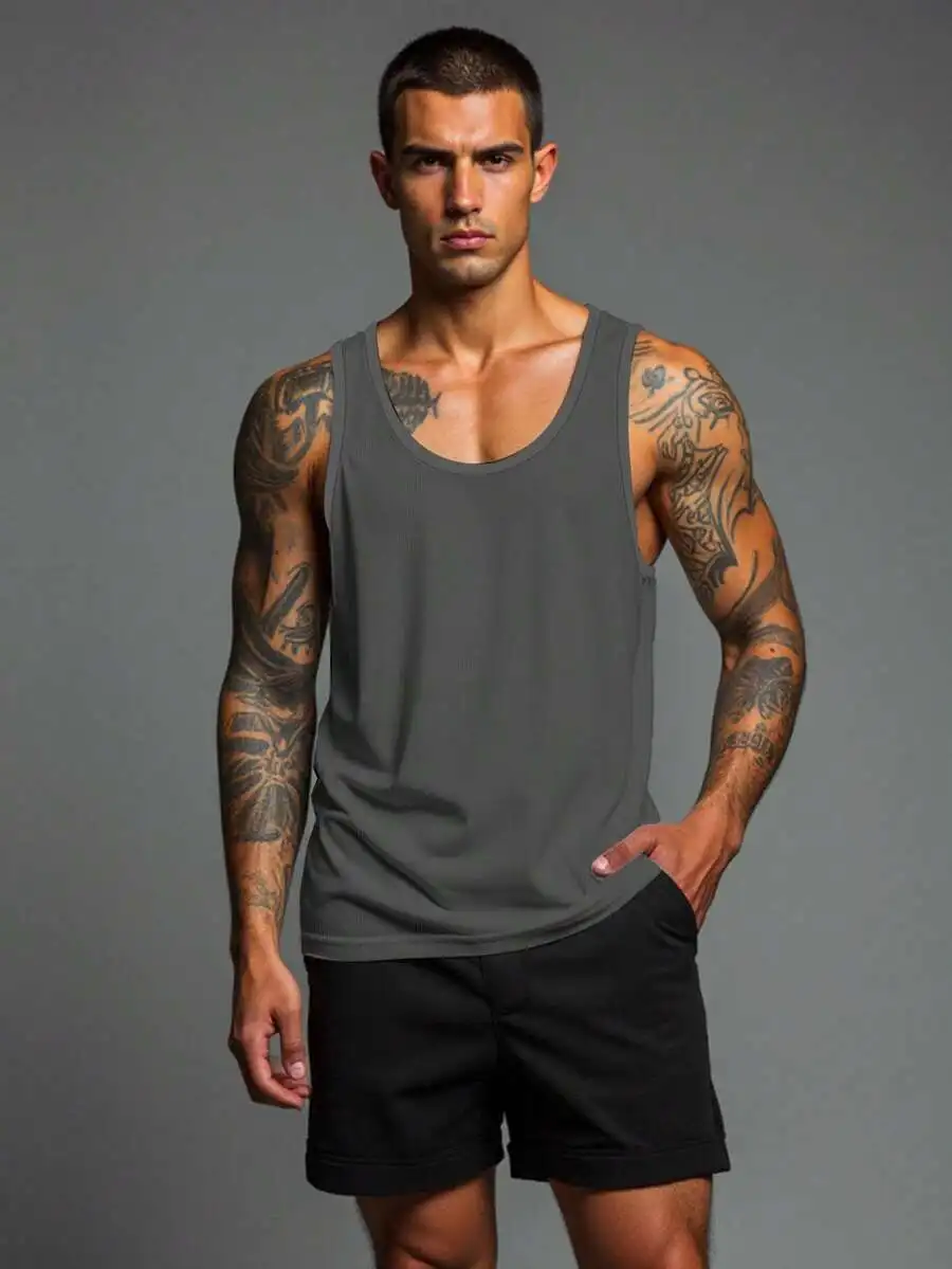 

Men Solid Color Round Neck Tank Top Casual Sport Workout Top