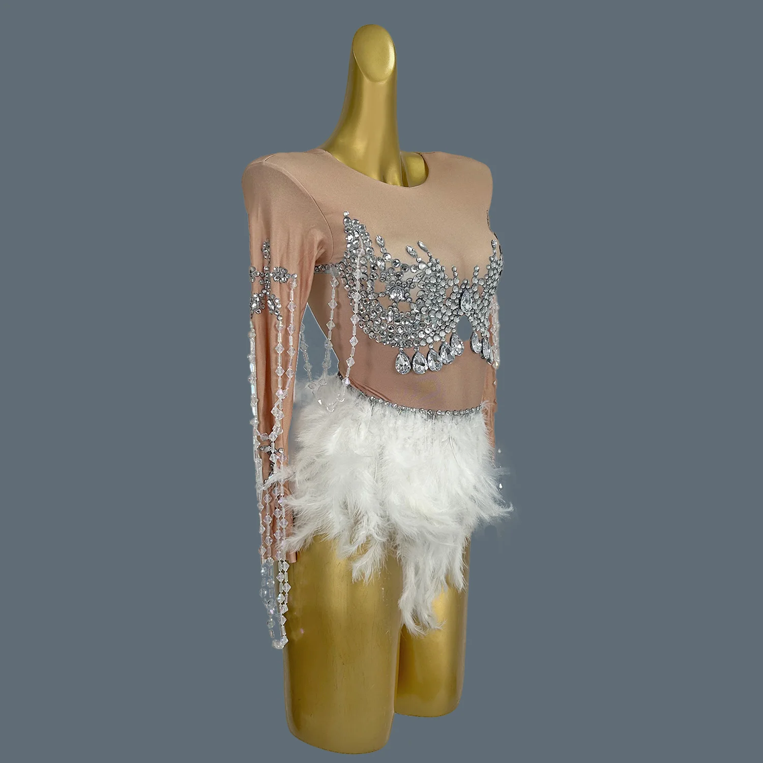 Sparkly Rhinestones Feathers Bodysuit Sexy Mini Dress Women Club Dancer Party Celebrate Performance Costume Stage Wear Maoshua