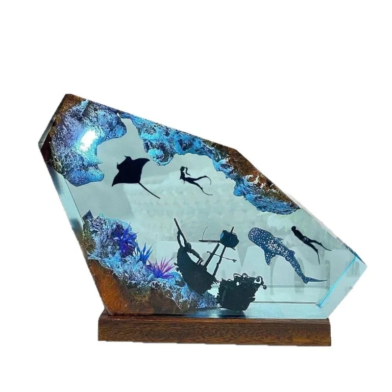 Whale shark manta ray diver night light, marine resin wood light, design Christmas unique gift  decoration