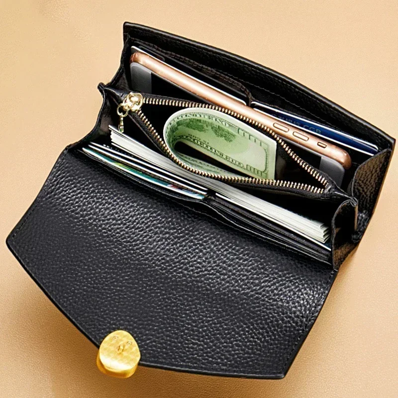 Genuine Leather Wallets	for Women Luxury	Designer	RFID Card Holder Purses Women's Long Folding Wallet with Zip Coin Pocket