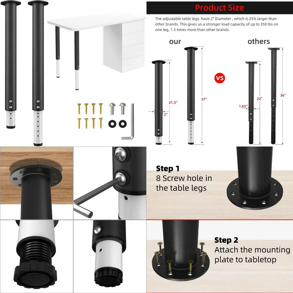 

Heavy-Duty Adjustable Metal Desk Legs for Commercial Use, 21.5-37 Height Range, 2 Diameter Durable Furniture Legs