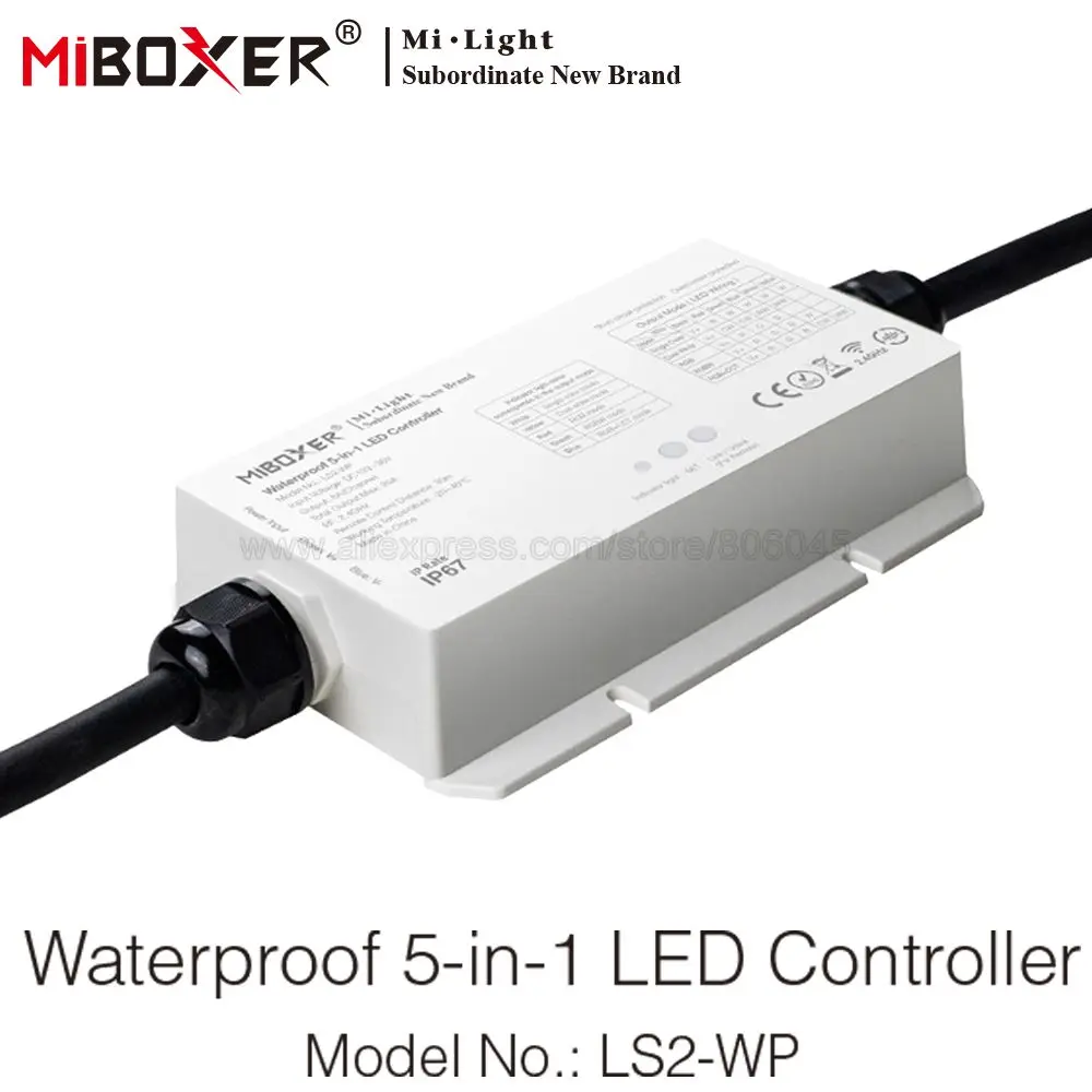 

MiBoxer LS2-WP Waterproof 5 in 1 LED Controller DC12V for Single Color CCT RGB RGBW RGBCCT LED Strip 2.4G Remote WiFi Control