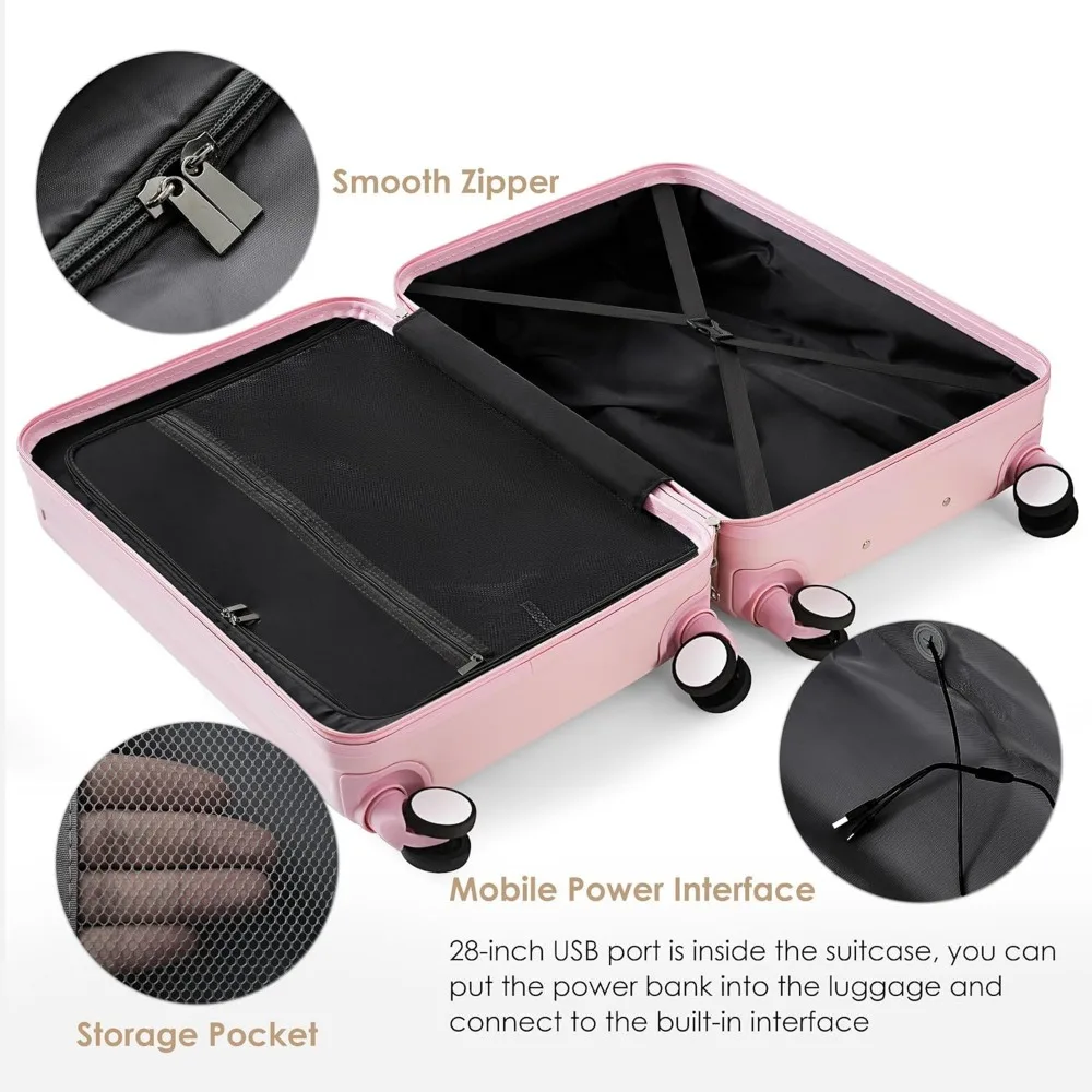 3-piece luggage set with spinner wheels, hard shell, lightweight, tsa lock, usb port, cup holder, 20" or 24" with front opening