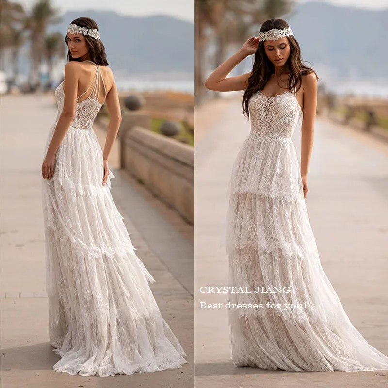 

Boho Sleeveless Wedding Dresses Lace Applique Bridal Gown Custom Made Long Layered Skirt vestido novia Bridal Dresses