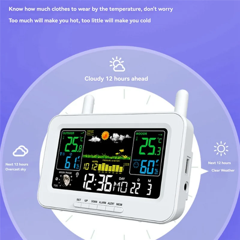 A37T-Color Screen Digital Weather Station Sunrise And Sunset Thermometer Hygrometer With Wireless Outdoor Sensor EU Plug