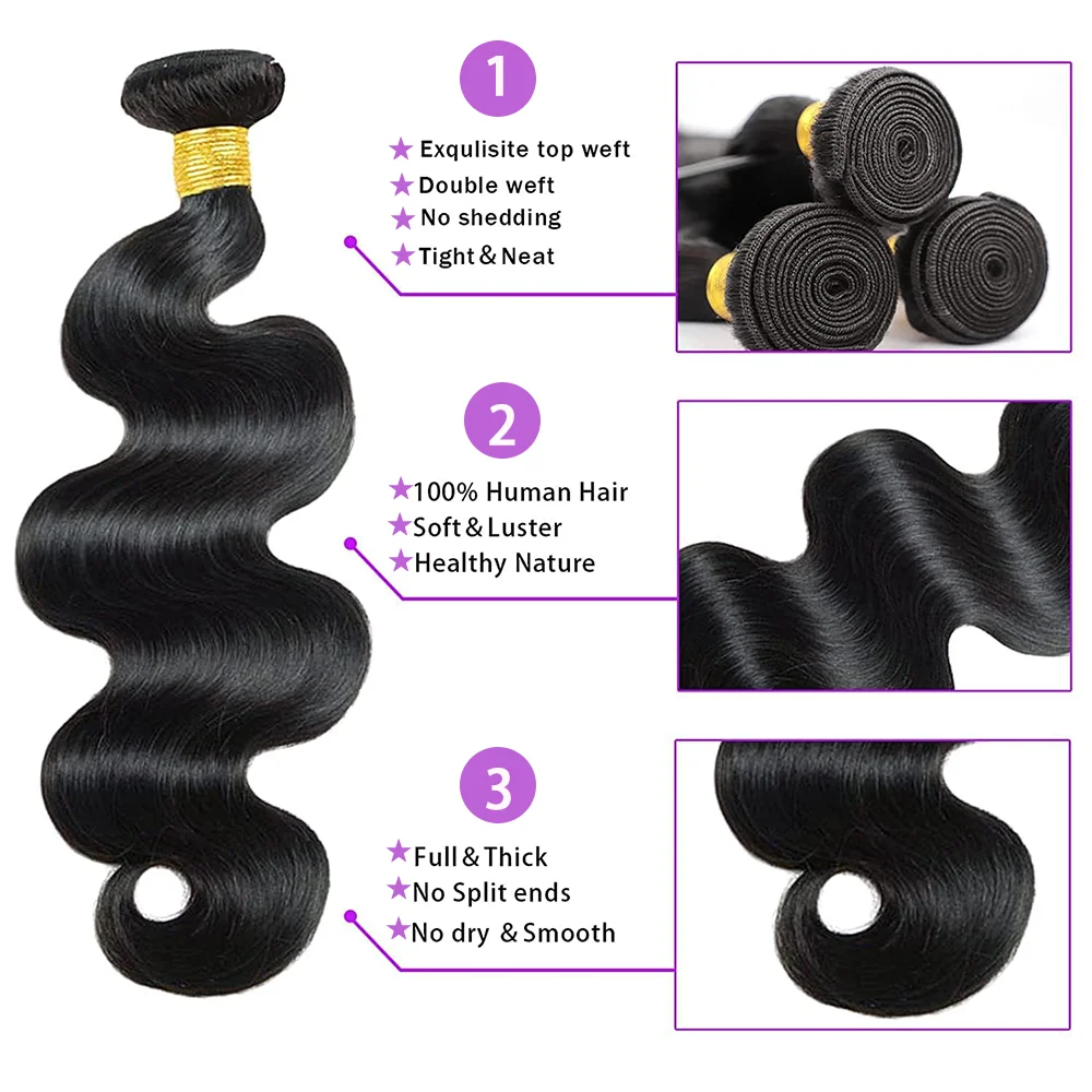 Body Wave Bundels 100% Menselijk Haar 13X4 Lace Frontale Onbewerkte Menselijk Haar Bundels Met Sluiting Braziliaanse Maagdelijke Haarkleur # 1b